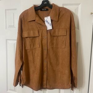 Blue B. Faux Suede Button-Up Shacket in Cognac